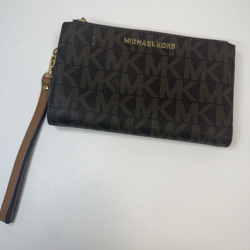 Michael Kors Jet Set Travel Double Zip Wristlet Wallet MK Brown & Tan New - Picture 3 of 8